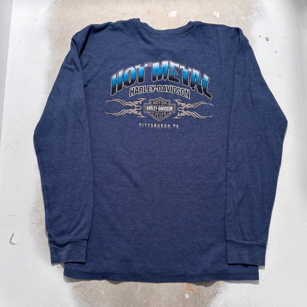 Harley-Davidson Mens Blue Thermal Henley Shirt Hot Metal Pittsburgh PA Large